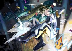 Rule 34 | 1girl, armband, black footwear, boots, cane, cityscape, creatures (company), electric miku (project voltage), electricity, game freak, gen 4 pokemon, green eyes, hat, hatsune miku, highres, holding, holding clothes, holding hat, jumpsuit, lightning bolt symbol, looking at viewer, multicolored hair, necktie, nintendo, one eye closed, open mouth, pitdoo, pokemon, pokemon (creature), project voltage, rotom, rotom (normal), searchlight, sunglasses, twintails, two-tone hair, vocaloid, yellow armband