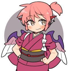 Rule 34 | 1girl, alternate costume, animal ears, bird ears, bird wings, blush, brown kimono, closed mouth, earrings, fang, grey eyes, hands on own hips, ini (inunabe00), japanese clothes, jewelry, kimono, mystia lorelei, obi, okamisty, one side up, pink hair, sash, short hair, short sleeves, single earring, skin fang, smile, solo, touhou, upper body, white wings, wings