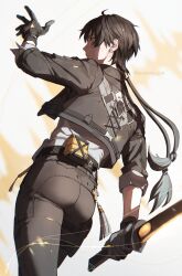 Rule 34 | 1boy, absurdres, ahoge, ass, belt, belt pouch, black belt, black gloves, black hair, black jacket, black pants, closed mouth, commentary, cowboy shot, ear piercing, from behind, gloves, grey shirt, hand up, hashtag-only commentary, highres, holding, holding sword, holding weapon, jacket, long hair, looking at viewer, low-tied long hair, male focus, male rover (wuthering waves), mintmoon belle, open clothes, open jacket, pants, piercing, pouch, profile, rover (wuthering waves), shirt, sidelocks, sleeves rolled up, solo, sword, tacet mark (wuthering waves), twitter username, waving, weapon, white background, white tassel, wuthering waves, yellow eyes