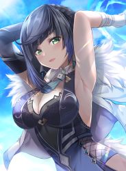 Rule 34 | 1girl, :d, armpits, arms behind head, arms up, asymmetrical gloves, bad id, bad twitter id, bare shoulders, black hair, blue dress, blue hair, blue sky, blush, bob cut, breasts, cleavage, cleavage cutout, clothing cutout, cloud, day, diagonal bangs, dice, dress, earrings, fur-trimmed jacket, fur trim, genshin impact, gloves, green eyes, hydrokinesis, izumi akane, jacket, jacket on shoulders, jewelry, large breasts, long sleeves, looking at viewer, mismatched gloves, mole, mole on breast, multicolored hair, neck ring, open mouth, pelvic curtain, revision, short hair, sky, smile, solo, sunlight, tassel, two-tone hair, upper body, water, white jacket, yelan (genshin impact)