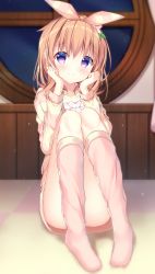 Rule 34 | 1girl, absurdres, blurry, blurry background, blush, brown skirt, closed mouth, commentary request, convenient leg, depth of field, full body, gochuumon wa usagi desu ka?, hair between eyes, hair ribbon, hands up, highres, hoto cocoa, indoors, jacket, kneehighs, knees together feet apart, light brown hair, long sleeves, looking at viewer, night, no shoes, open clothes, open jacket, pink socks, pizzzica, purple eyes, ribbon, round window, skirt, smile, socks, solo, striped clothes, striped jacket, window
