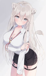 Rule 34 | 1girl, absurdres, ahoge, animal ears, breasts, cleavage, grey eyes, grey hair, highres, holding own arm, hololive, large breasts, lion ears, lion tail, long hair, shano hiyori, shishiro botan, shishiro botan (button-down), shorts, tail, virtual youtuber