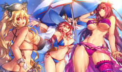 Rule 34 | 10s, 3girls, :d, animal ears, anne bonny (fate), anne bonny (fate/grand order), anne bonny (swimsuit archer) (fate), anne bonny (swimsuit archer) (first ascension) (fate), armpits, ass, beach umbrella, bikini, black bikini, blonde hair, blue bikini, bow, bracelet, breasts, butt crack, cleavage, cowboy shot, day, ears through headwear, fate/extra, fate/grand order, fate (series), flower, fox ears, fox girl, fox tail, groin, hair flower, hair ornament, hat, hat bow, innertube, jewelry, large breasts, long hair, looking at viewer, melon22, multiple girls, navel, necklace, o-ring, o-ring top, open mouth, pink hair, pirate hat, purple bikini, purple hair, red eyes, sarong, scathach (fate), scathach (fate/grand order), scathach (swimsuit assassin) (fate), side-tie bikini bottom, sideboob, skull and crossbones, sky, smile, striped, striped bow, swim ring, swimsuit, tail, tamamo (fate), tamamo no mae (fate/extra), tamamo no mae (swimsuit lancer) (fate), tamamo no mae (swimsuit lancer) (third ascension) (fate), thick thighs, thighs, twintails, umbrella, underboob, very long hair, white hat, yellow eyes