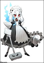 Rule 34 | 1girl, 2018, apron, bloody marie (skullgirls), bow, brooch, dress, fire, frilled apron, frilled dress, frills, full body, hair ornament, jewelry, kazeto, maid headdress, red eyes, skull hair ornament, skullgirls, solo, standing, twintails, vacuum cleaner, white background