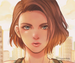 Rule 34 | 1girl, blue eyes, brown hair, city, forehead, jill valentine, looking at viewer, nagare, resident evil, resident evil 3, resident evil 3: nemesis, resident evil 3 (remake), short hair, solo