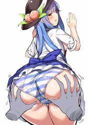 Rule 34 | 1girl, absurdres, ass, ass grab, blue hair, blush, clothes lift, deep skin, food, from behind, fruit, hat, highres, hinanawi tenshi, huge ass, long hair, looking at viewer, looking back, looking down, neropaso, panties, peach, pov, pov hands, red eyes, shirt, skirt, skirt lift, solo, solo focus, striped clothes, striped panties, touhou, underwear, very long hair, wide hips