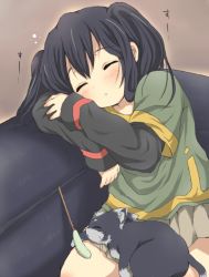 Rule 34 | 1girl, bad id, bad pixiv id, black hair, blush, cat, cat teaser, couch, closed eyes, k-on!, kuromoto, long sleeves, nakano azusa, skirt, sleeping, solo, twintails