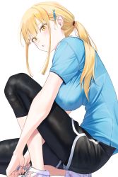 Rule 34 | 1girl, absurdres, blonde hair, breasts, fish hair ornament, hair ornament, hairclip, highres, kneeling, large breasts, long hair, on one knee, open mouth, original, pants, ponytail, shirt, shoes, sneakers, solo, tamayume, tying footwear, white background, yellow eyes