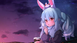 Rule 34 | 1girl, ame., animal ear fluff, animal ears, black jacket, blue hair, blush, cloud, coffee cup, commentary request, cup, disposable cup, don-chan (usada pekora), hair between eyes, hand up, highres, holding, holding cup, hololive, jacket, long sleeves, multicolored hair, night, night sky, on head, outdoors, parted lips, pekomon (usada pekora), rabbit-shaped pupils, rabbit ears, red eyes, scarf, short eyebrows, sky, symbol-shaped pupils, thick eyebrows, twintails, two-tone hair, upper body, usada pekora, virtual youtuber, white hair, white scarf