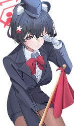 Rule 34 | 1girl, absurdres, animal ears, arima (step speed), black eyes, black hair, black hat, black skirt, blue archive, blush, bow, bowtie, breasts, brown pantyhose, closed mouth, collared shirt, extra ears, flag, gloves, hair between eyes, halo, hat, highres, large breasts, long sleeves, looking at viewer, official alternate costume, one eye closed, pantyhose, red bow, red bowtie, red halo, shirt, short hair, simple background, skirt, solo, tour guide, tsubaki (blue archive), tsubaki (guide) (blue archive), white background, white gloves, white shirt