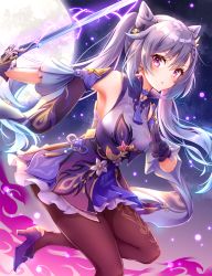 Rule 34 | 1girl, armpits, bare shoulders, black gloves, braid, breasts, brown pantyhose, choker, cone hair bun, detached sleeves, dress, full moon, genshin impact, gloves, hair bun, hair ears, hair ornament, high heels, highres, holding, holding sword, holding weapon, keqing (genshin impact), leg up, lightning, long hair, looking at viewer, moon, outstretched arms, pantyhose, parted lips, pink eyes, purple dress, purple footwear, purple hair, rapier, reverse grip, small breasts, solo, sword, toki (toki ship8), twintails, vision (genshin impact), weapon