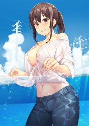 Rule 34 | 1girl, blush, breasts, brown eyes, brown hair, caustics, cleavage, cowboy shot, day, denim, jeans, large breasts, long hair, looking at viewer, navel, no bra, off shoulder, original, outdoors, pants, parted lips, partially underwater shot, ponytail, sawada yuusuke, smile, solo, water
