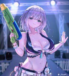 Rule 34 | 1girl, bikini, blue shorts, breasts, cleavage, die suki, green eyes, grey hair, high-waist bikini, highres, holding, holding water gun, hololive, hololive summer 2023 swimsuit, large breasts, looking at viewer, medium hair, navel, open fly, shirogane noel, shorts, solo, stage, striped bikini, striped clothes, swimsuit, virtual youtuber, water gun, white bikini