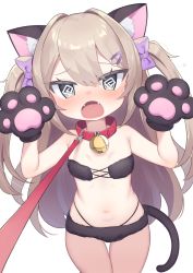 Rule 34 | 1girl, :o, @ @, animal ear fluff, animal ears, animal hands, bare shoulders, bell, black gloves, blush, bow, brown hair, cat ears, cat girl, cat tail, collar, commentary request, fangs, fur bikini, gloves, grey eyes, hair between eyes, hair bow, hair ornament, hairclip, hands up, highres, jingle bell, kokone (coconeeeco), leash, long hair, navel, neck bell, open mouth, original, paw gloves, purple bow, red collar, solo, tail, two side up, very long hair