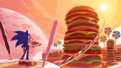 Rule 34 | 1boy, burger, candy, commentary request, eating, food, furry, furry male, gloves, green eyes, highres, hot dog, lollipop, looking at viewer, looking back, male focus, official art, orange sky, oversized food, oversized object, shoes, sky, sneakers, sonic (series), sonic colors, sonic the hedgehog, standing, star (sky), sun, uno yuuji, white gloves
