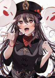 Rule 34 | 1girl, :d, absurdres, bead bracelet, beads, black nails, blush, bracelet, brown hair, chinese clothes, genshin impact, ghost, hat, highres, hu tao (genshin impact), jewelry, long sleeves, mahiru yura, nail polish, open mouth, ring, simple background, smile, symbol-shaped pupils, top hat, twintails, white background
