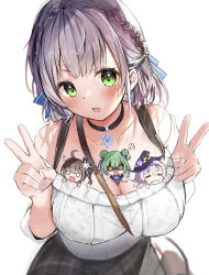Rule 34 | 1girl, absurdres, bare shoulders, between breasts, black choker, blush, braid, breast envy, breasts, chibi, chibi inset, choker, cleavage, collarbone, double v, green eyes, highres, hololive, large breasts, looking at viewer, murasaki shion, natsuiro matsuri, off-shoulder sweater, off shoulder, open mouth, person between breasts, ribbed sweater, rinki oohen, shirogane noel, shirogane noel (casual), short hair, silver hair, smile, solo, strap between breasts, sweater, uruha rushia, v, virtual youtuber, white sweater
