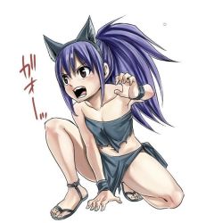 Rule 34 | 1girl, animal ears, blue hair, brown eyes, cat ears, cat girl, child, fairy tail, feet, female focus, long hair, mashima hiro, official art, open mouth, ponytail, solo, toes, torn clothes, wendy marvell, white background