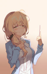 Rule 34 | 1girl, absurdres, ahoge, artist name, bad id, bad pixiv id, blonde hair, blue jacket, blush, buttons, closed mouth, collared shirt, dress shirt, ellen baker, eyebrows, green eyes, hair ornament, hair over shoulder, hair scrunchie, half-closed eyes, hand in own hair, hand on own chest, highres, holding, jacket, litsvn, long sleeves, low ponytail, new horizon, open clothes, open jacket, pointer, scrunchie, shirt, smile, solo, tareme, teacher, twitter username, upper body, white shirt