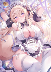 1girl absurdres animal_ears arms_behind_head blonde_hair blush breasts dress highres large_breasts long_hair looking_at_viewer lying maid maid_headdress open_clothes original panties purple_eyes shiono_(0303) side-tie_panties solo tail thighhighs thighs underwear white_panties white_thighhighs