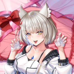 Rule 34 | 1girl, :d, animal ear fluff, animal ears, bare shoulders, bed sheet, blue hair, blush, bow, braid, breasts, camisole, cat ears, chest jewel, cirnos, claw pose, collarbone, dakimakura (medium), fang, fingerless gloves, fingernails, gloves, grey hair, head on pillow, jacket, large breasts, long fingernails, long sleeves, looking at viewer, lying, mio (xenoblade), multicolored hair, off shoulder, on back, on bed, open clothes, open jacket, open mouth, red bow, short hair, smile, solo, two-tone hair, upper body, white camisole, white gloves, white jacket, xenoblade chronicles (series), xenoblade chronicles 3, yellow eyes