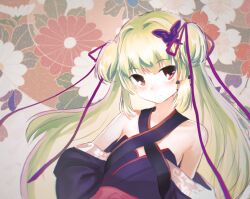 Rule 34 | 1girl, armpit crease, arms at sides, bare shoulders, blue kimono, blunt bangs, blunt ends, blush, breasts, butterfly hair ornament, chinese commentary, closed mouth, commentary, criss-cross halter, floral background, green hair, hair intakes, hair ornament, hair ribbon, halterneck, highres, hime cut, japanese clothes, kimono, long hair, long ribbon, looking at viewer, murasame (senren), purple ribbon, red eyes, ribbon, senren banka, shui she, sidelocks, small breasts, smile, solo, split mouth, two side up, upper body, very long hair, wide sleeves