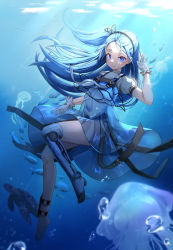 Rule 34 | 1girl, absurdres, ads (girls&#039; frontline), animal, anklet, arm up, asymmetrical legwear, barefoot, blue dress, blue eyes, blue hair, closed mouth, commentary, dress, dress straps, facial tattoo, full body, girls&#039; frontline, gloves, hair ornament, hairband, highres, in water, jellyfish, jewelry, light rays, long hair, looking at viewer, mechanical legs, nalua h, ocean, ponytail, prosthesis, prosthetic leg, puffy sleeves, russian text, sea turtle, see-through, see-through dress, side ponytail, sidelocks, single mechanical leg, solo, strap, sunlight, tattoo, thighs, translation request, turtle, very long hair, water, white gloves