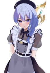 Rule 34 | 1girl, apron, arms behind back, axe, belt, black belt, black dress, black hat, blue hair, blush, braid, collared dress, double-parted bangs, dress, fawny, frilled sleeves, frills, hair between eyes, hat, head tilt, highres, hololive, hoshimachi suisei, hoshimachi suisei (maid), maid apron, medium hair, official alternate costume, puffy short sleeves, puffy sleeves, see-through, see-through sleeves, shaded face, short sleeves, simple background, solo, twintails, virtual youtuber, wavy hair, white apron, white background