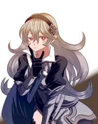 Rule 34 | 1girl, arm at side, armor, armored dress, artist request, black hairband, blue cape, cape, corrin (female) (fire emblem), corrin (fire emblem), eyelashes, female focus, finger to cheek, fire emblem, fire emblem fates, fire emblem heroes, gloves, hair between eyes, hair ornament, hairband, hand up, highres, index finger raised, intelligent systems, leaning forward, legs, light smile, long hair, looking at viewer, neck, nintendo, pointy ears, raised eyebrow, red eyes, sidelocks, simple background, standing, thighhighs, thighs, wavy hair, white background, white hair