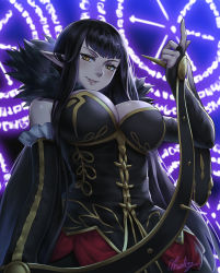 Rule 34 | 1girl, black dress, black hair, breasts, bridal gauntlets, cleavage, dress, elbow gloves, fate/apocrypha, fate (series), fur trim, gloves, highres, large breasts, long dress, long hair, looking at viewer, looking down, magic circle, nhaliz, pointy ears, semiramis (fate), solo, spikes, very long hair, yellow eyes