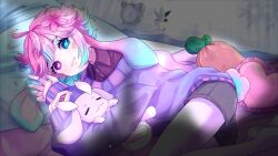 Rule 34 | 1boy, :3, ahoge, animal, animal ears, animal hug, bare legs, barefoot, facial tattoo, floppy ears, gradient hair, heterochromia, looking at viewer, lying, multicolored hair, on bed, on side, pillow, pink hair, rabbit, rabbit boy, rabbit ears, rabbit tail, shirybun (vtuber), shorts, smile, solo, sweater, symbol-shaped pupils, tattoo, trap, virtual youtuber
