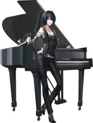 Rule 34 | 1girl, bare shoulders, black footwear, black hair, black pants, blue eyes, breasts, cat, character name, cleavage, closed mouth, full body, high heels, instrument, iron saga, jewelry, medium breasts, nail polish, necklace, official art, pants, piano, pink nails, sawano hiroko (iron saga), solo, standing, third-party source, transparent background