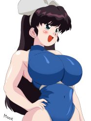 Rule 34 | 1girl, blue eyes, blush, breasts, brown hair, covered navel, donguri2, hand on own hip, highres, huge breasts, kuonji ukyou, leotard, long hair, open mouth, ranma 1/2, simple background, smile, solo, white background