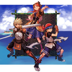 Rule 34 | 1girl, 2boys, armor, bandana, belt, blonde hair, blue eyes, blue hair, boots, breasts, brick wall, buckler, chrono cross, clenched hand, cloud, double-blade, dress, dual wielding, glenn, gloves, green eyes, grey eyes, hair ribbon, hairband, hand on own hip, holding, hungry clicker, island, long hair, looking at viewer, medium breasts, multiple boys, ocean, orange hair, outstretched arm, purple legwear, red headwear, leena (chrono cross), ribbon, scar, serge (chrono cross), shield, short hair, shorts, sky, steel-toe boots, sword, weapon