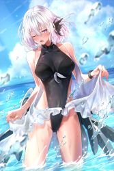 Rule 34 | 1girl, absurdres, blush, breasts, cloud, covered navel, cowboy shot, day, greenkohgen, hair between eyes, highres, liv: luminance (puella subnautica) (punishing: gray raven), liv (punishing: gray raven), looking at viewer, medium breasts, ocean, one-piece swimsuit, one eye closed, open mouth, outdoors, partially submerged, punishing: gray raven, purple eyes, short hair, silver hair, solo, swimsuit, tongue, water, wet