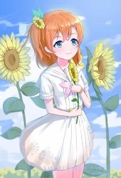 Rule 34 | 1girl, a song for you! you? you!, artist name, artist request, belt, blue eyes, blue sky, blush, breasts, buttons, cloud, collarbone, day, female focus, field, flower, flower field, flower print, hair between eyes, hair flower, hair ornament, holding, holding flower, kosaka honoka, leaf hair ornament, long hair, looking at viewer, love live!, love live! school idol festival, love live! school idol project, miniskirt, neckerchief, orange hair, orange scrunchie, outdoors, parted lips, pink neckerchief, plaid, plaid skirt, pleated, pleated skirt, sailor collar, scrunchie, shirt, short ponytail, short sleeves, side ponytail, skirt, sky, small breasts, smile, solo, sunflower, white belt, white sailor collar, white shirt, white skirt, yellow flower