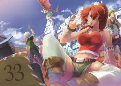 Rule 34 | 10s, 2boys, 2girls, aircraft, alcohol, amy (suisei no gargantia), arm support, armlet, armpit peek, bag, bare shoulders, beer, bellows (suisei no gargantia), belt, belt pouch, blonde hair, blue eyes, breasts, brown gloves, brown hair, cup, day, drinking glass, earrings, flying, garter straps, glider, gloves, hair ornament, hair scrunchie, hoop earrings, jewelry, kizuka kanata, large breasts, ledo (suisei no gargantia), long hair, looking at viewer, messenger bag, multiple boys, multiple girls, outdoors, pants, pinion (suisei no gargantia), pompadour, ponytail, red hair, scrunchie, shirt, short hair, short shorts, short sleeves, shorts, shoulder bag, silver hair, sitting, smile, suisei no gargantia, sunlight, suspenders, tank top, taut clothes, thighhighs, towel, towel around neck, white legwear, wiping face, wiping sweat