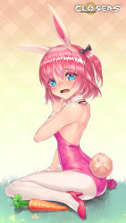 Rule 34 | 1girl, animal ears, black bow, blue eyes, blush, bow, carrot, closers, collar, commentary, copyright name, detached collar, fake animal ears, full body, hair between eyes, hair bow, high heels, leotard, looking at viewer, looking to the side, on grass, one side up, open mouth, pantyhose, pink footwear, pink hair, pink leotard, playboy bunny, rabbit ears, rabbit girl, rabbit tail, seulbi lee, sitting, solo, strapless, strapless leotard, tail, tangamja, tears, wariza, white collar, white pantyhose, wrist cuffs