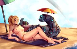 Rule 34 | 1girl, absurdres, ass, bare legs, barefoot, beach, beach towel, bikini, blonde hair, blue sky, borrowed character, breasts, can, cloud, cloudy sky, collarbone, commentary, d-rex, day, green eyes, highres, large breasts, long hair, lying, musical note, navel, nipples, non-humanoid robot, on back, orange bikini, original, parted lips, pink eyes, ponytail, robot animal, side-tie bikini bottom, sky, smile, solo, stomach, swimsuit, topless, towel, umbrella