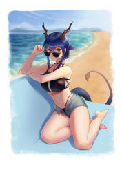 Rule 34 | 1girl, absurdres, adjusting eyewear, adjusting glasses, arknights, bare arms, bare legs, bare shoulders, barefoot, beach, bikini, black bikini, blue hair, blue sky, ch&#039;en (arknights), ch'en (arknights), cloud, commentary request, day, dragon horns, dragon tail, female tourist c (arknights), grey shorts, hair between eyes, hand up, highleg, highleg bikini, highres, horns, leveup, long hair, looking at viewer, looking over eyewear, looking over glasses, navel, ocean, official alternate costume, open fly, outdoors, purple eyes, shadow, short shorts, shorts, sidelocks, sky, solo, stomach, sunglasses, swimsuit, tail, thighs, tinted eyewear