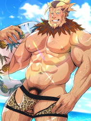 Rule 34 | 1boy, abs, alternate costume, animal print, another eidos-r, arm hair, bara, beach, beard, blonde hair, blush, body hair, brown hair, bulge, chest hair, clothing cutout, cloud, cloudy sky, crotch cutout, dark-skinned male, dark skin, erection, erection under clothes, facial hair, feet out of frame, grin, hairy, highres, holding, holding swim ring, innertube, large pectorals, looking at viewer, male focus, male pubic hair, male swimwear, male swimwear pull, mature male, muchi yuki, multicolored hair, muscular, muscular male, navel, navel hair, nipples, one eye closed, pectorals, penis, penis peek, ponytail, print male swimwear, pubic hair, ragnar (another eidos), short hair, sky, smile, solo, stomach, stubble, sunlight, swim ring, swim trunks, swimsuit, thick eyebrows, thick thighs, thigh cutout, thighs, tiger print, topless male, two-tone hair, veins, yellow male swimwear