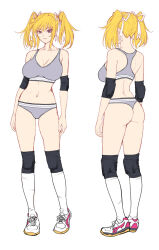 Rule 34 | 1girl, ass, bare legs, blonde hair, blue eyes, bra, breasts, character sheet, curvy, full body, hair ribbon, large breasts, lilith-soft, long hair, looking at viewer, multiple views, panties, pointy ears, ribbon, shinganji kurenai, simple background, skindentation, smile, taimanin (series), taimanin kurenai, taimanin rpgx, translation request, twintails, underwear, underwear only, white background, wide hips
