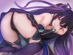 Rule 34 | 1girl, all fours, ass, bare shoulders, black hair, bridal gauntlets, cameltoe, grin, hair ribbon, long hair, looking at viewer, neptune (series), noire (neptunia), panties, purple eyes, ribbon, skirt, smile, solo, suterisu, thighhighs, twintails, underwear