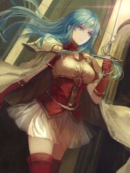 Rule 34 | 1girl, aqua eyes, aqua hair, armor, boots, breastplate, cape, commentary request, eirika (fire emblem), fire emblem, fire emblem: the sacred stones, gloves, highres, holding, holding sword, holding weapon, long hair, machi wt, nintendo, red gloves, red shirt, shirt, shoulder armor, skirt, solo, sword, thigh boots, weapon, white skirt