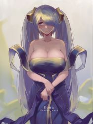 Rule 34 | 1girl, bare shoulders, blue dress, blue eyes, blue hair, blush, breasts, character name, cleavage, commentary, copyright name, dress, english commentary, covered erect nipples, hair over one eye, highres, huge breasts, league of legends, looking at viewer, one eye covered, own hands together, pandea work, parted lips, redrawn, solo, sona (league of legends), standing