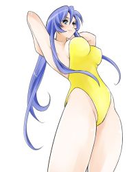 Rule 34 | 1990s (style), 1girl, armpits, arms up, blush, breasts, female focus, final fantasy, final fantasy vii, green eyes, leotard, long hair, monster girl, pollensalta, poyon, purple hair, retro artstyle, simple background, solo, white background