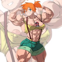 Rule 34 | 1girl, abs, areola slip, armpits, artist request, asymmetrical hair, biceps, blue eyes, blush, breasts, covered erect nipples, creatures (company), crop top, denim, denim shorts, flexing, game freak, grin, gym leader, hair between eyes, hair tie, looking at viewer, midriff, misty (pokemon), muscular, muscular female, nintendo, obliques, one eye closed, orange hair, pectorals, pectorals, poke ball, poke ball (basic), pokemon, pokemon (anime), pokemon (classic anime), ponytail, projected inset, redesign, short shorts, shorts, side ponytail, small breasts, smile, solo, suspenders, thick thighs, thighs, wink