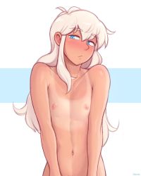 Rule 34 | 1boy, :/, artist name, blue eyes, blush, cody (dross), commentary, dross, english commentary, hair between eyes, highres, long hair, looking at viewer, male focus, nipples, nude, original, out-of-frame censoring, pectorals, simple background, solo, sweat, tan, tanline, trap, white hair