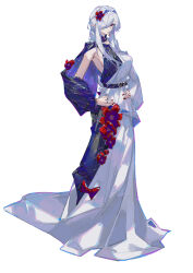 Rule 34 | 1girl, absurdres, arknights, belt, bow, breasts, brooch, chinese commentary, collar, commentary request, dress, earrings, fingernails, flower, full body, gladiia (arknights), grey hair, hair flower, hair ornament, hair over one eye, hands on own hips, highres, jewelry, layered dress, long hair, looking at viewer, mirrorwu81568, multiple rings, nail polish, parted lips, pointy ears, purple belt, purple collar, purple dress, red bow, red eyes, red flower, red nails, ring, sidelocks, simple background, single bare shoulder, small breasts, solo, white background, white dress