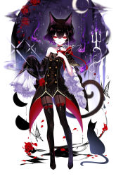 Rule 34 | 1girl, animal ears, bare shoulders, black dress, black hair, black pantyhose, bow, candle, cat, cat ears, cat tail, choker, crescent moon, crossed bangs, detached sleeves, dress, flower, full body, garter straps, hair between eyes, highres, moon, night, open mouth, original, pale skin, pantyhose, petals, red bow, rose, sheya, shorts under dress, tail, thighhighs, wide sleeves